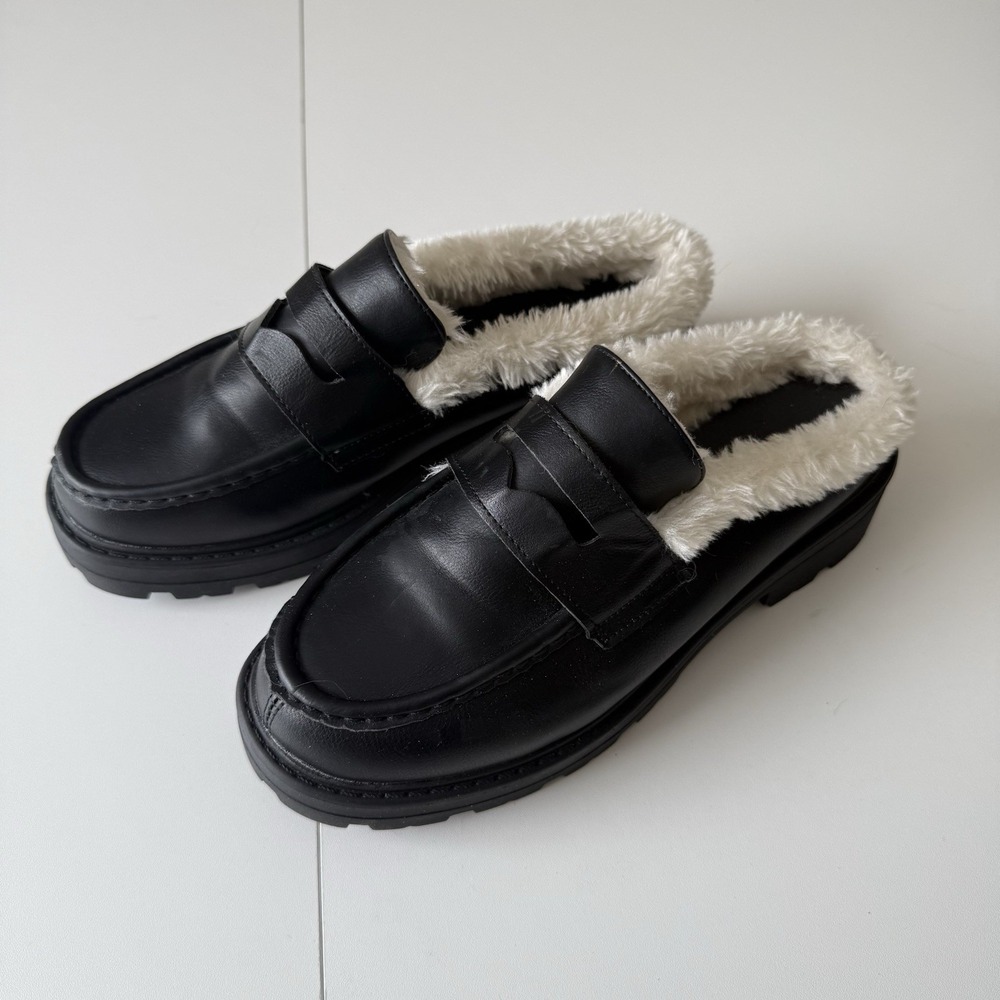 Faux Fur Lined Black Chunky Platform Oxford Low Back Slip On Show US 7 EU‎ 40